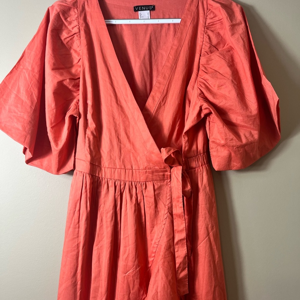 VENUS Coral Ruffle Wrap Maxi Dress High Low Hem Butterfly Sleeves Size 6 Boho - Picture 6 of 10